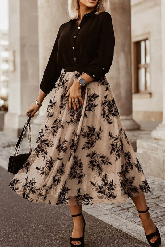 Embroidered High Waist lined Black Maxi Skirt - High Quality