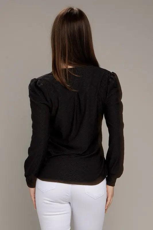 Black V-neck Jacquard Top - Pure Modest Apparel - Long Sleeve Tops
