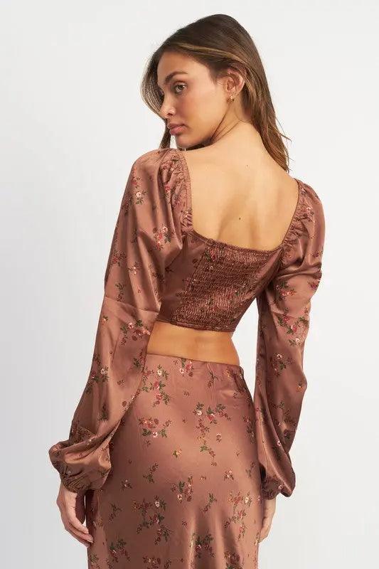 Brown Floral Cropped Satin Long Sleeve Top - Pure Modest Apparel - Long Sleeve Tops