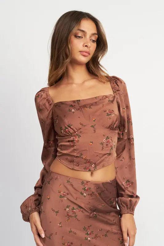 Brown Floral Cropped Satin Long Sleeve Top - Pure Modest Apparel - Long Sleeve Tops