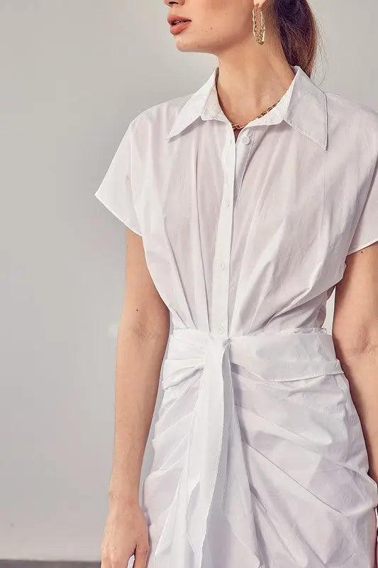 Button Collar Front Tie Midi Dress - Pure Modest Apparel - Midi Dresses
