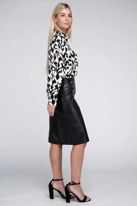 Button Front Black PU Skirt - Pure Modest Apparel - Midi Skirts