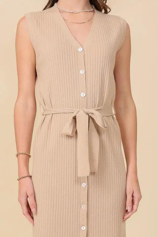 Button Up Ribbed Midi Dress With Waist Tie - Pure Modest Apparel - Midi Dresses