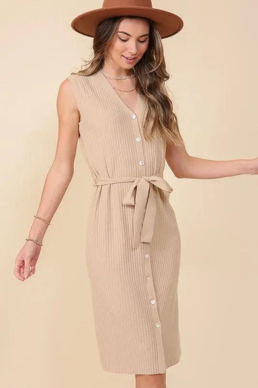 Button Up Ribbed Midi Dress With Waist Tie - Pure Modest Apparel - Midi Dresses