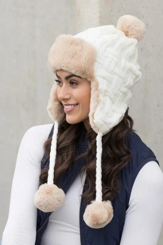 Cable Weave Pom Trapper Hat - Pure Modest Apparel - Hats