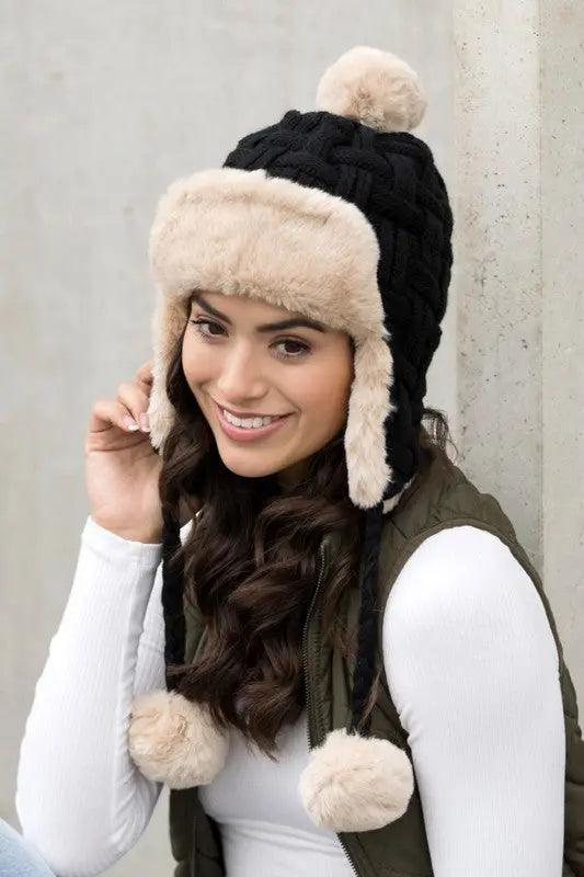 Cable Weave Pom Trapper Hat - Pure Modest Apparel - Hats