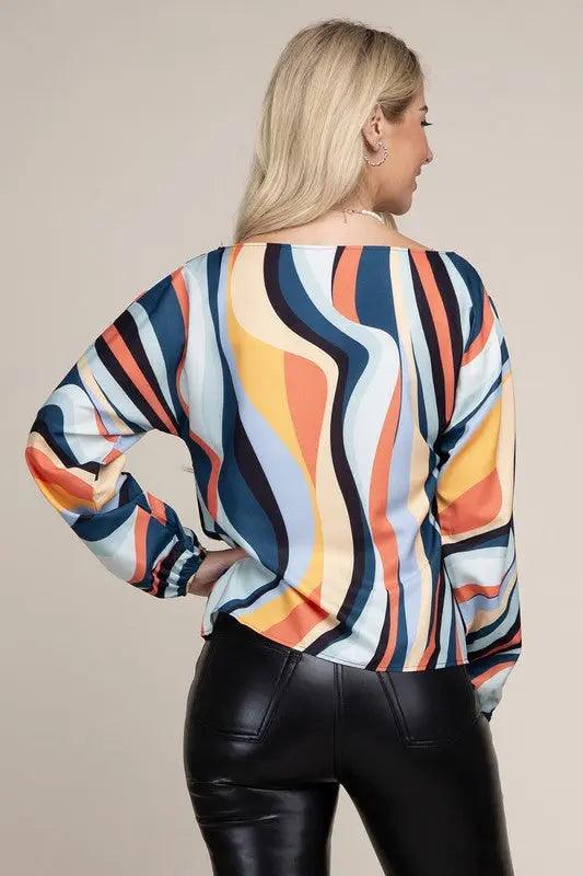 Colorblock Boat Neck Bishop Sleeve Blouse - Pure Modest Apparel - Long Sleeve Tops