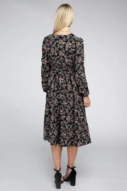 Contrast Lace Floral Print Dress - Pure Modest Apparel - Midi Dresses