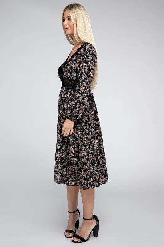 Contrast Lace Floral Print Dress - Pure Modest Apparel - Midi Dresses