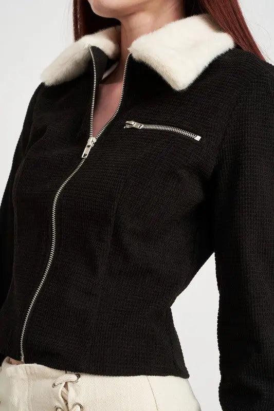 Contrasted Collar And Cuff Crop Jacket - High Quality Jackets