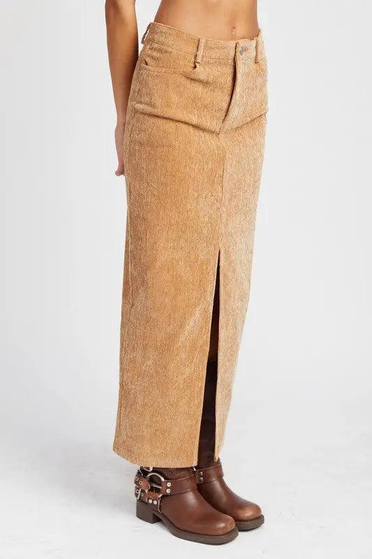 Corduroy Mid Skirt With Front Slit - High Quality Midi Skirts