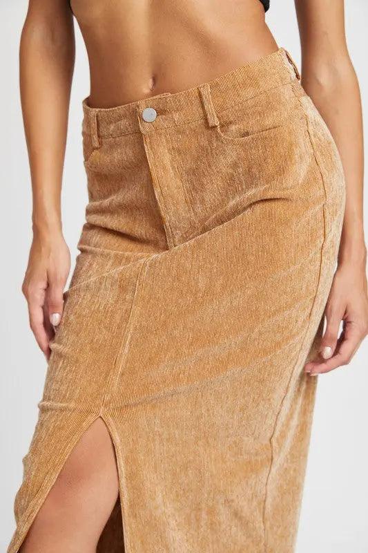 Corduroy Mid Skirt With Front Slit - High Quality Midi Skirts