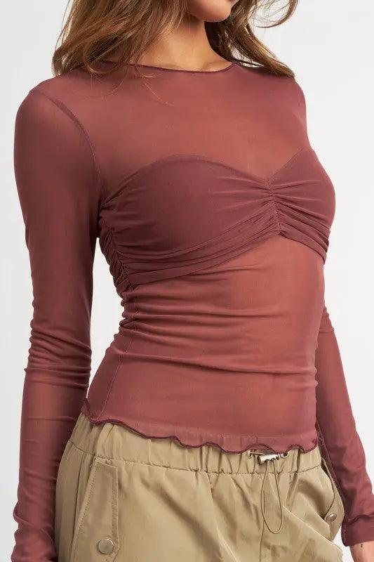 Crew Neck Sheer Bust Top - High Quality Long Sleeve Tops