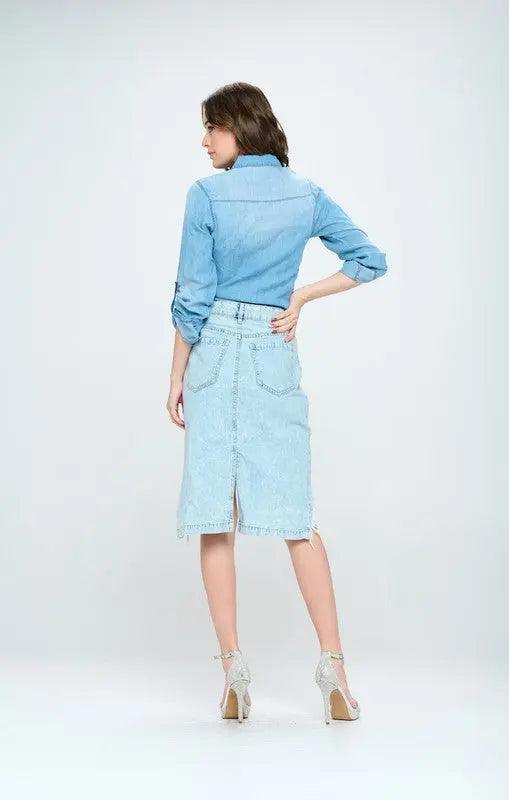 Destroyed Front Denim Skirt - Pure Modest Apparel - Denim Skirts