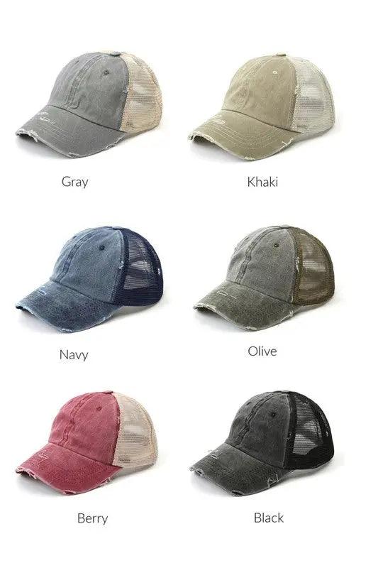 Distressed Messy Bun Hat Cap - High Quality Hats