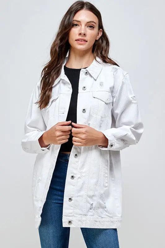 Distressed Wash Long Denim Jacket - Pure Modest Apparel - Denim Jackets