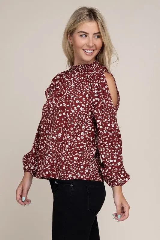 Ditsy Floral Print Split Sleeve Blouse - Pure Modest Apparel - Long Sleeve Tops