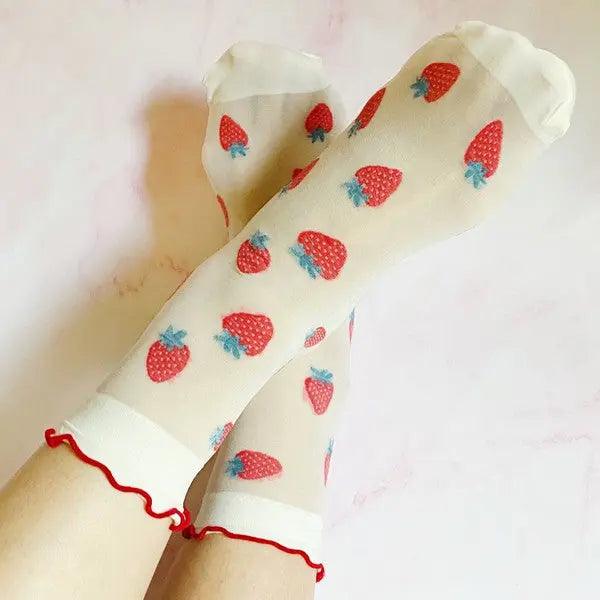 Dots And Strawberries Sheer Socks Set Of 2 Pairs - High Quality Socks
