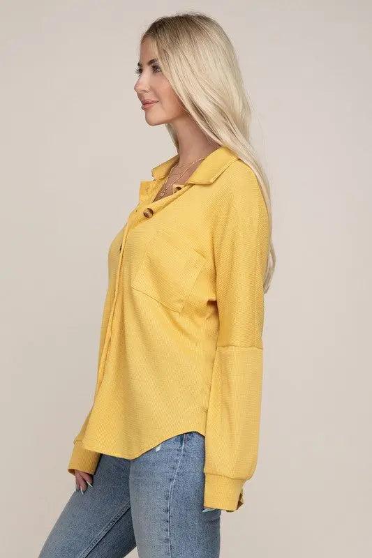 Drop Shoulder Pocket Patched Button Front Shirt - Pure Modest Apparel - Long Sleeve Tops