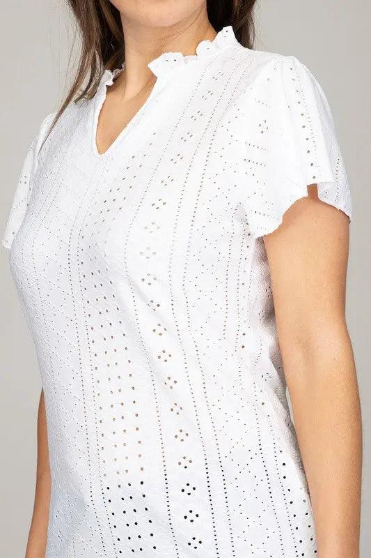 Embroidered Eyelet Blouse With Ruffle - Pure Modest Apparel - Short Sleeve Tops