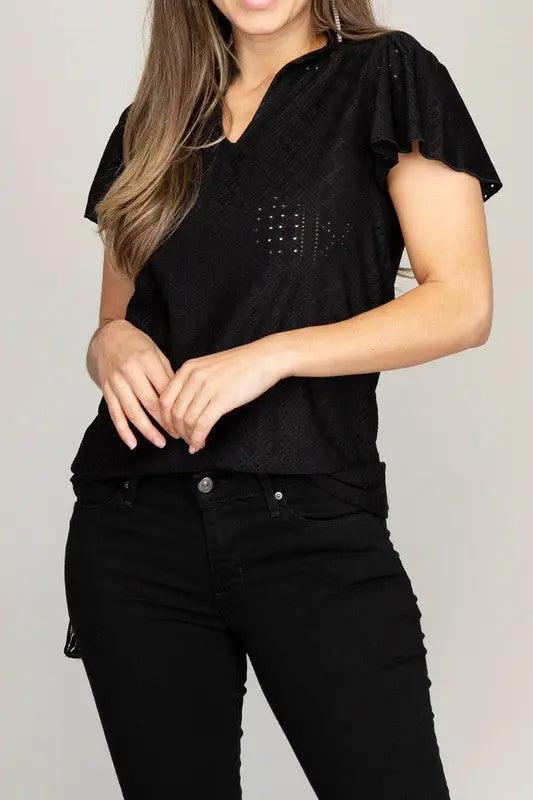 Embroidered Eyelet Blouse With Ruffle - Pure Modest Apparel - Short Sleeve Tops