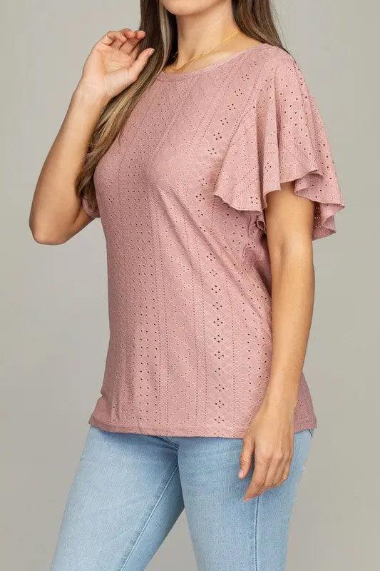 Embroidered Eyelet Ruffle Sleeve Top - Pure Modest Apparel - Short Sleeve Tops