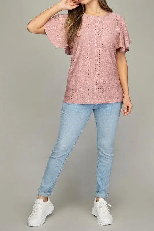 Embroidered Eyelet Ruffle Sleeve Top - Pure Modest Apparel - Short Sleeve Tops