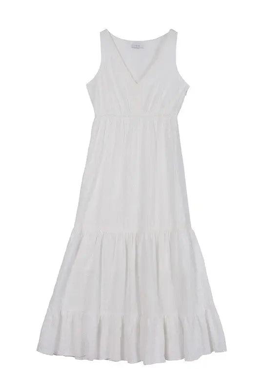 Embroidered White V-neck Tiered Maxi Dress - Pure Modest Apparel - Maxi Dresses