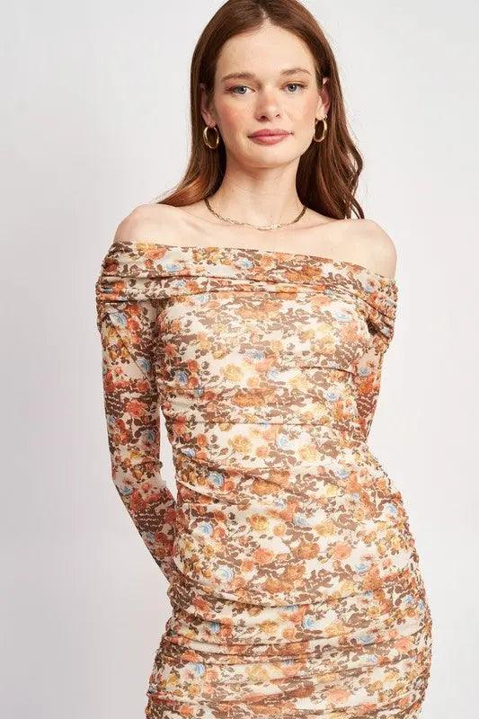 Floral Off Shoulder Long Sleeve Midi Dress - Pure Modest Apparel - Midi Dresses