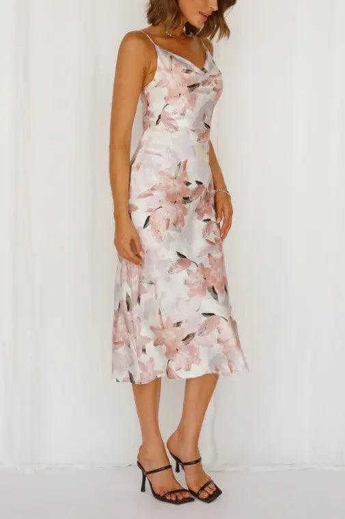Floral Print Satin Midi Dress - Pure Modest Apparel - Midi Dresses