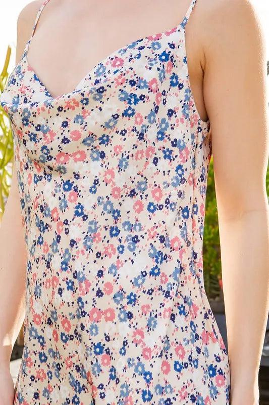 Floral Satin Midi Dress With Adjustable Straps - Pure Modest Apparel - Midi Dresses