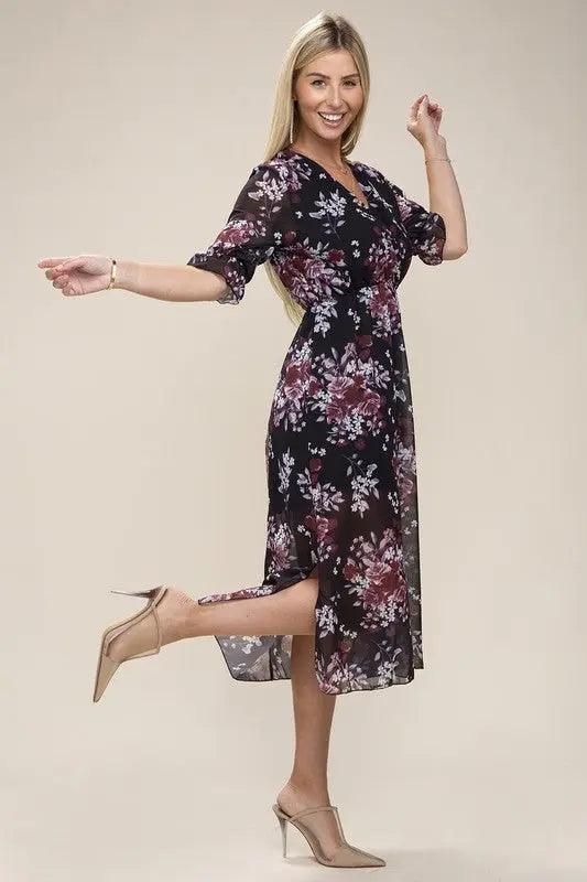 Floral V-neck Midi Dress - Pure Modest Apparel - Midi Dresses