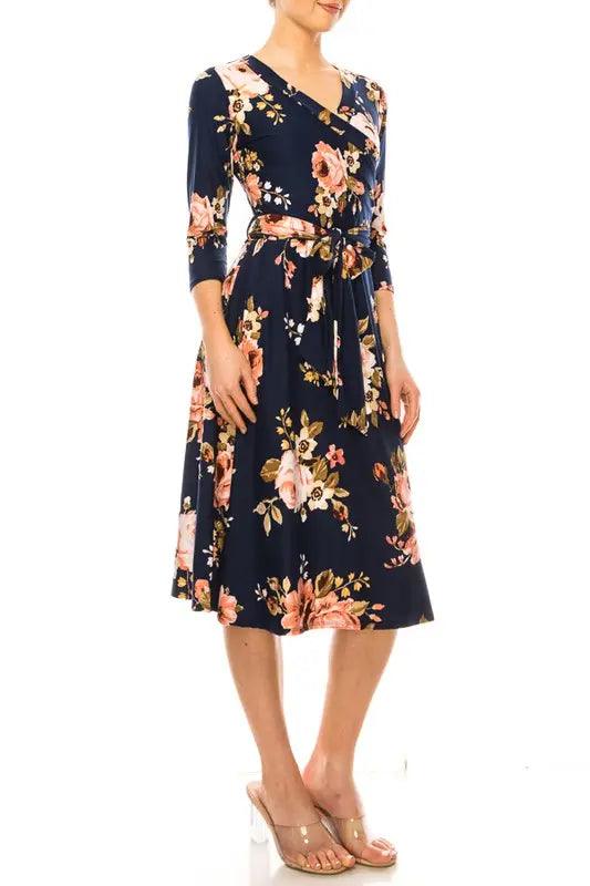 Floral Wrap V-neck Midi Dress - Pure Modest Apparel - Midi Dresses