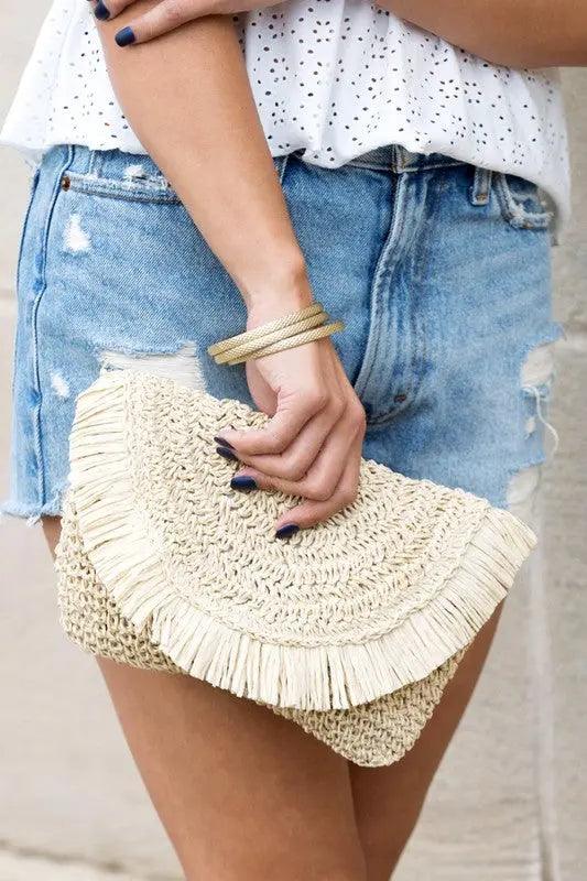 Frayed Fold-Over Straw Clutch - Pure Modest Apparel - Clutches