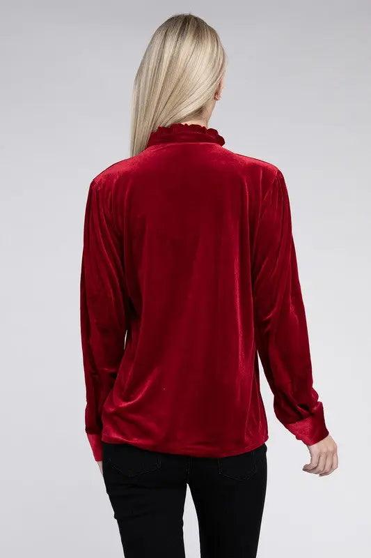 Frill Notched Neckline Red Velvet Blouse - High Quality Long Sleeve Tops
