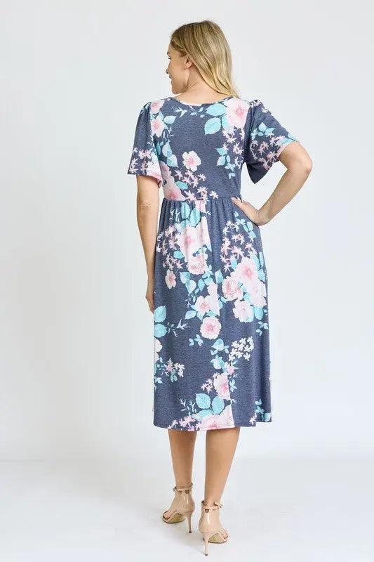 Kimono Sleeve Floral Tea Length Dress - Pure Modest Apparel - Midi Dresses