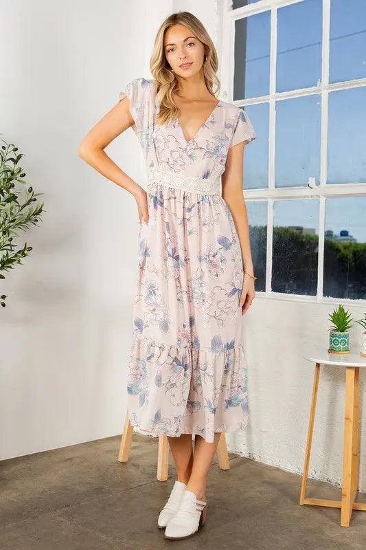 Lace Detailed Floral Ruffle Midi Dress - Pure Modest Apparel - Midi Dresses