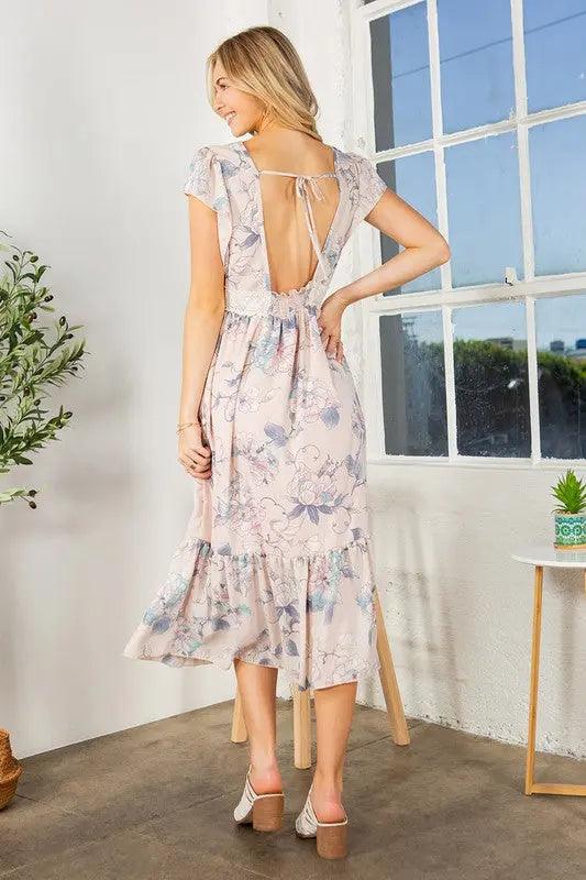 Lace Detailed Floral Ruffle Midi Dress - Pure Modest Apparel - Midi Dresses