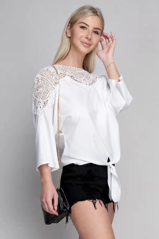 Lace Trim Blouse With Front Tie - Pure Modest Apparel - Long Sleeve Tops