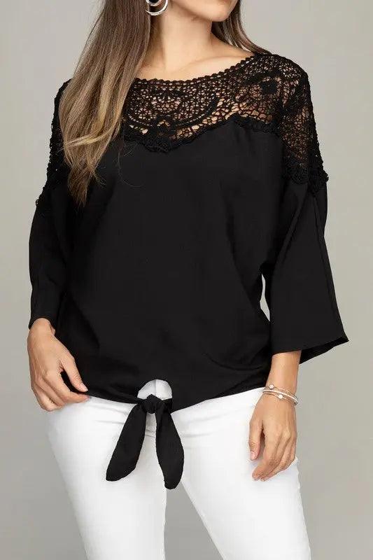 Lace Trim Blouse With Front Tie - Pure Modest Apparel - Long Sleeve Tops