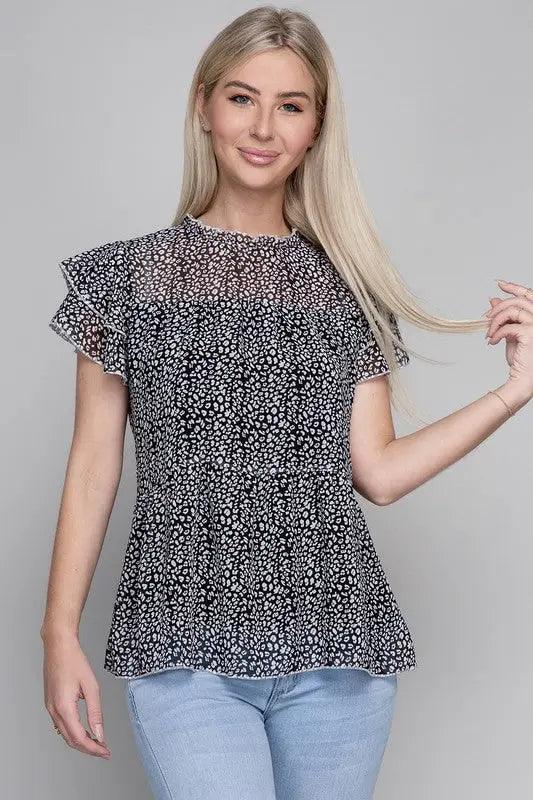 Leopard Tiered Chiffon Blouse - Pure Modest Apparel - Short Sleeve Tops