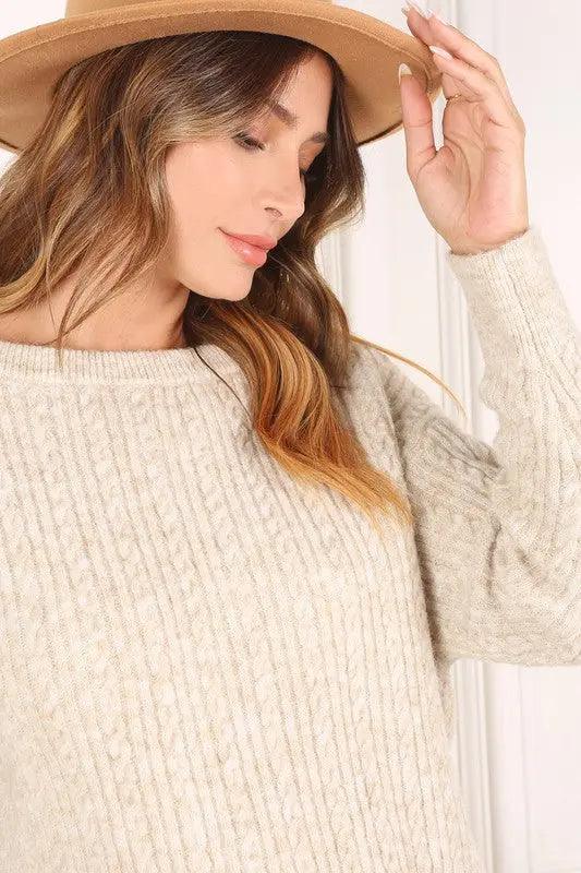 Oversize Beige Cable Sweater - Pure Modest Apparel - Sweaters