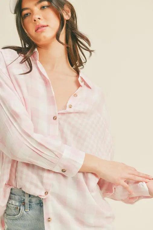 Oversized Pink Plaid Button Up Shirt - Pure Modest Apparel - Long Sleeve Tops