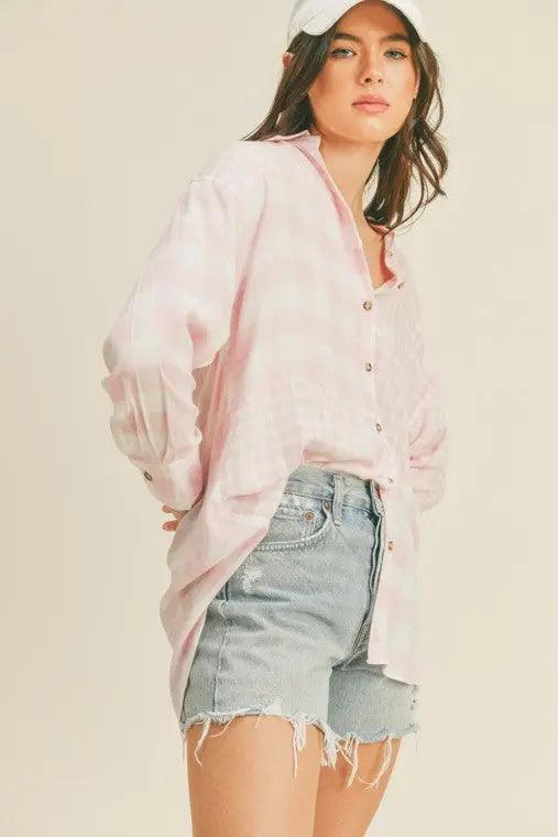 Oversized Pink Plaid Button Up Shirt - Pure Modest Apparel - Long Sleeve Tops