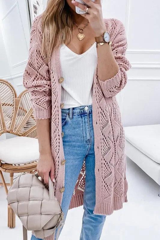 Plus Size Eyelet Button Crochet Knit Cardigan Sweater - High Quality Cardigans