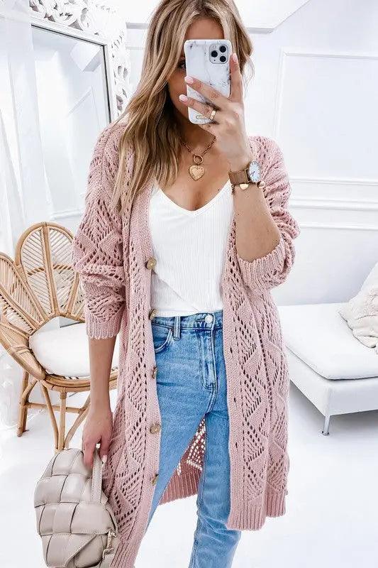 Plus Size Eyelet Button Crochet Knit Cardigan Sweater - High Quality Cardigans