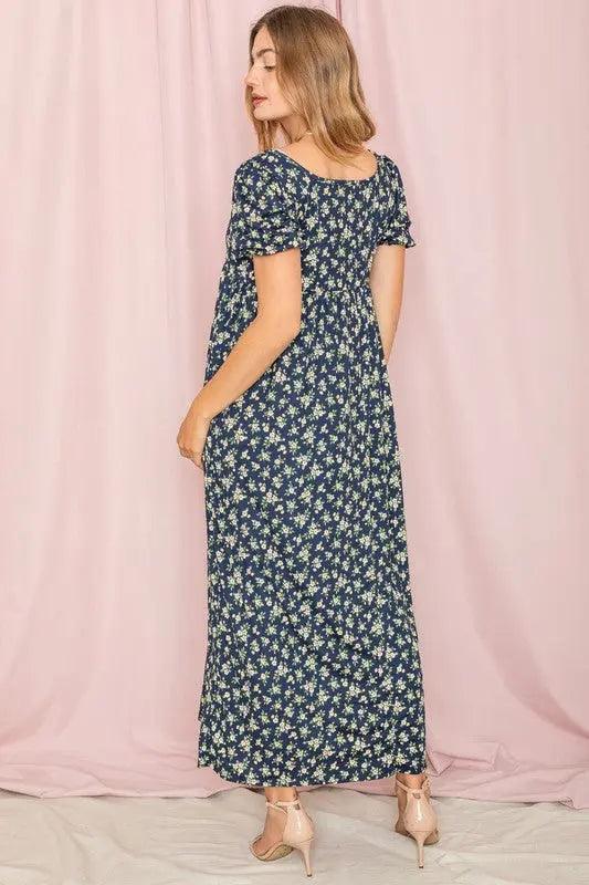 Plus Size Floral Square Neck Puff Sleeve Midi Dress - Pure Modest Apparel - Midi Dresses