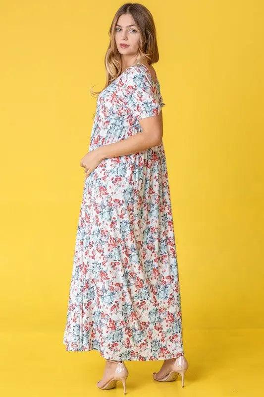 Plus Size Floral Square Neck Puff Sleeve Midi Dress - Pure Modest Apparel - Midi Dresses