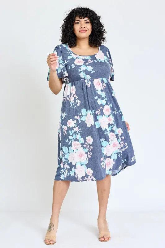 Plus Size Kimono Sleeve Floral Tea Length Dress - Pure Modest Apparel - Midi Dresses