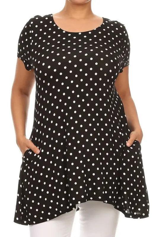 Plus Size Polka Dot Short Sleeve Relaxed Fit Tunic - Pure Modest Apparel - Short Sleeve Tops